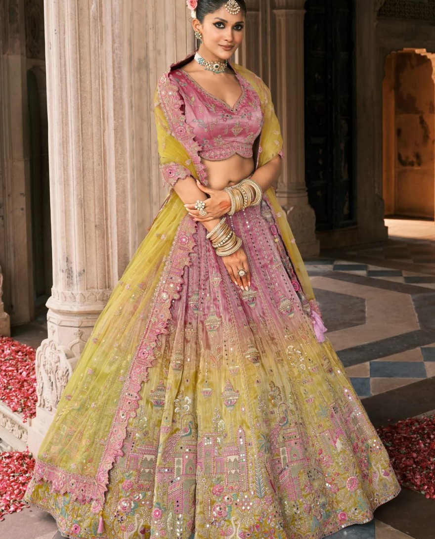 YELLOW - Sunshine Yellow & Pink Fancy Silk Lehenga Choli With Cut Work Embroidery Border & Stone Work